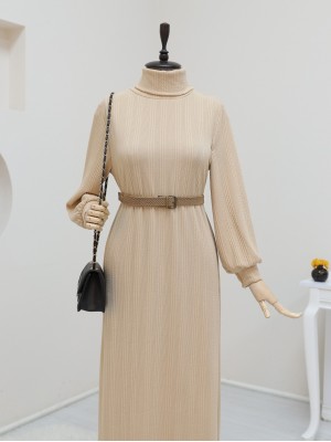 Turtleneck Belted Lycra Dress -Mink color