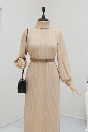 فستان ليكرا بحزام وياقة مدورة -تدرجات البيج