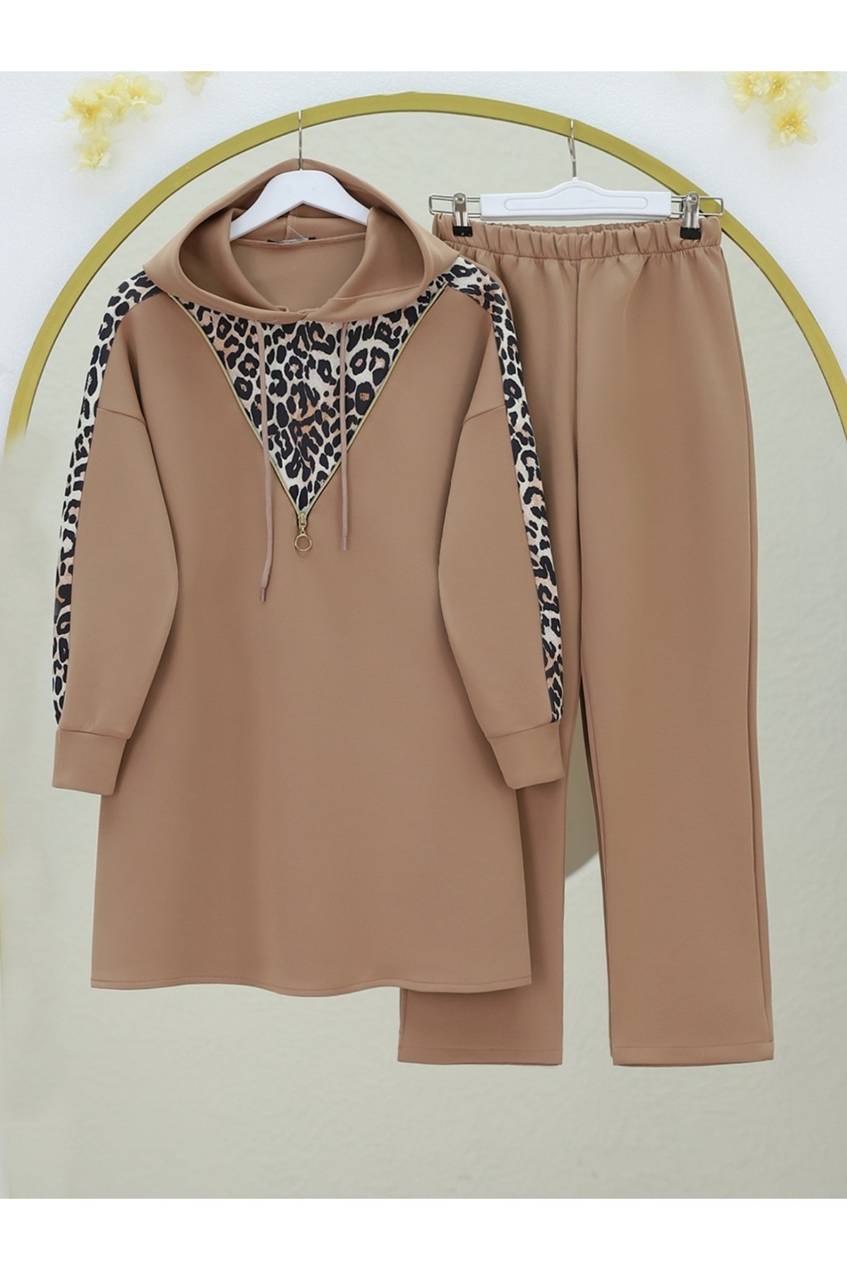 Leopard Scuba Suit with Hooded Zipper Detail -Mink color