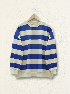 Round Neck Thick Striped Oversize Sweat -Saxe 