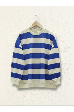 Yuvarlak Yaka Kalın Çizgili Oversize Sweat -Saks