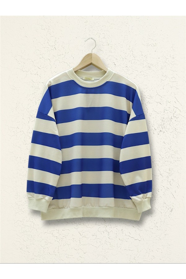 Yuvarlak Yaka Kalın Çizgili Oversize Sweat -Saks