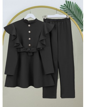 Button Detailed Stand Collar Ruffle Shoulder Scuba Suit  -Black