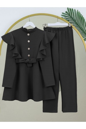 Düğme Detaylı Dik Yaka Omuzu Fırfırlı Scuba Takım  -Siyah