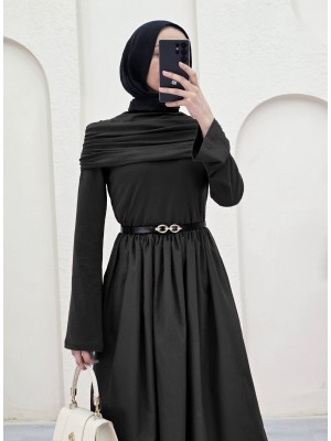 Eteği Poplin Üstü Sendy İki Parçalı Pileli Elbise -Siyah