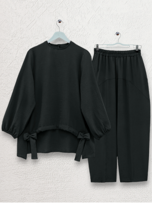 Önden Büzmeli Şalvar Pantolon Ayrobin Salaş Takım -Siyah