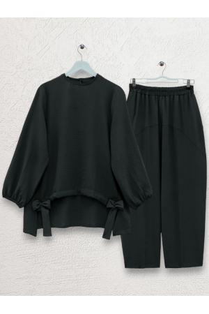 Önden Büzmeli Şalvar Pantolon Ayrobin Salaş Takım -Siyah