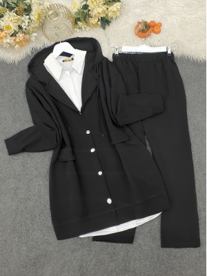 Kapşonlu Kapaklı Cepli Pantolonlu Takım  -Siyah