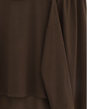 Two-Piece Combed Cotton Suit with a Long Slit at the Back and Skirt -Brown
