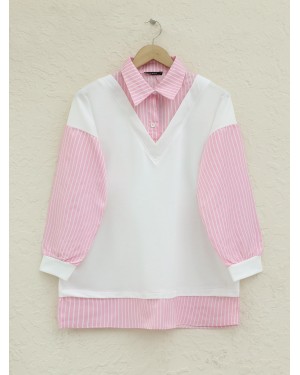 Striped Shirt Detail Sweat Tunic -Pink