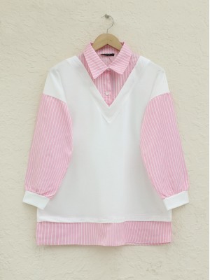 Striped Shirt Detail Sweat Tunic -Pink