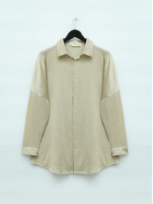 Boydan Düğmeli Jakarlı Oversize Gömlek -Bej