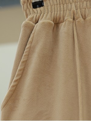 Çımalı Beli Lastikli Kadife Pantolon -Vizon