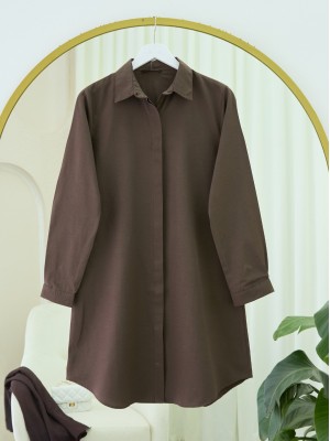 Gizli Düğmeli Oval Kesim Uzun Gömlek -Kahve