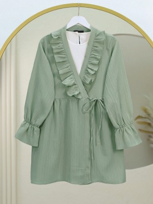Crinkle Kimono with Ruffle Front Tie -Mint Color