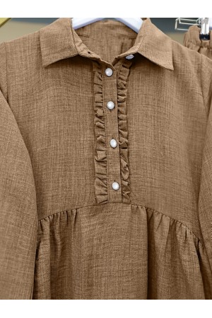 بدلة كتان بنصف أزرار مع كشكشة أمامية -بنى