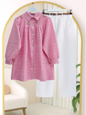 Üstü Taş Ve Boncuk Detaylı Çizgili Gömlek -Pembe