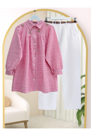 Striped Shirt with Stone and Bead Detail on Top -Pink