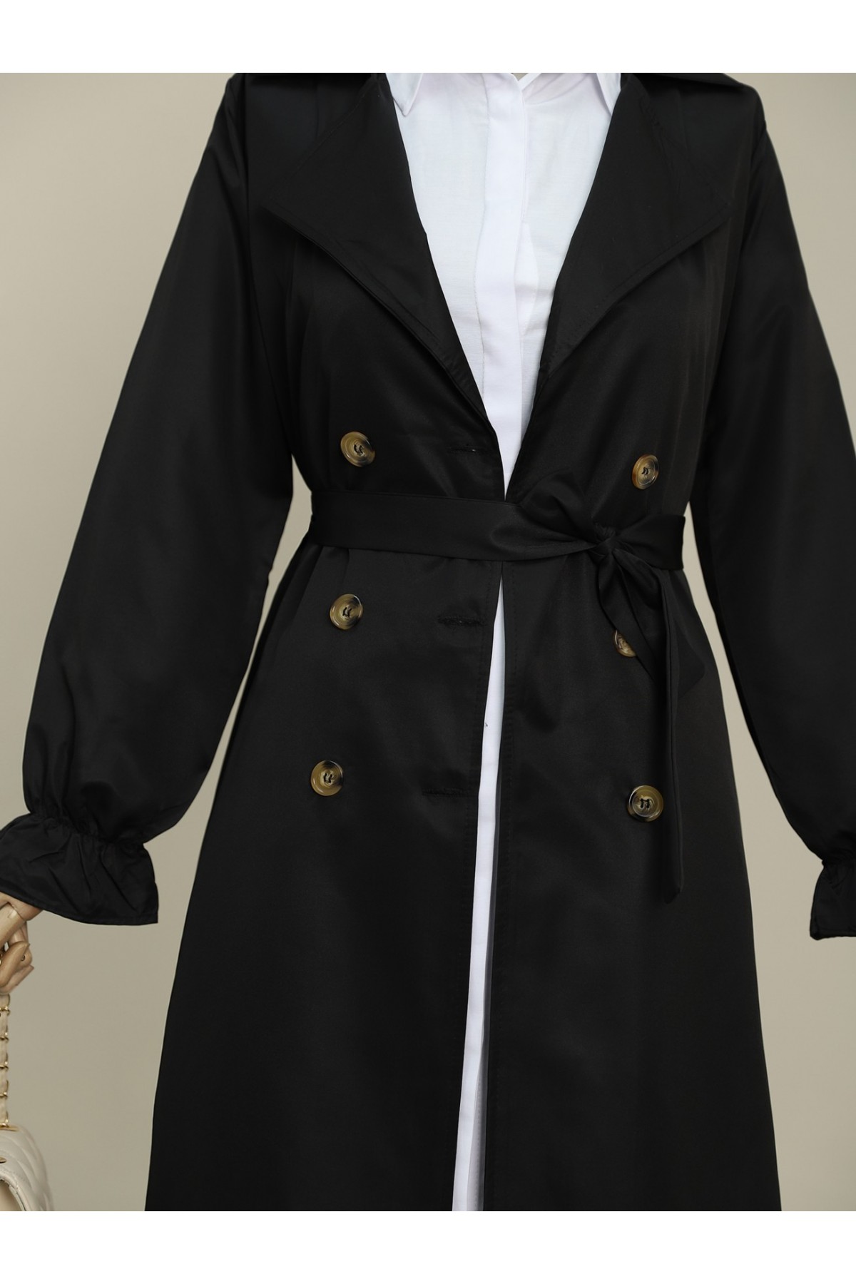 Double Buttoned Trench Coat with Elastic Cuff and Waist Tie -Black