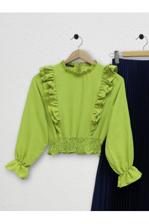 Robadan Fırfırlı Beli Büzgülü Ayrobin Bluz -F.Yeşili