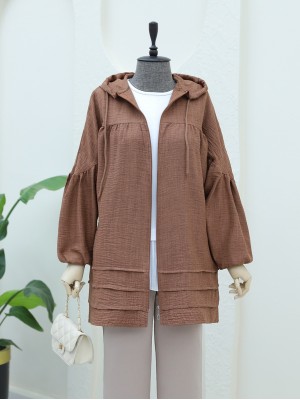 Robadan Piliseli Çift Cepli Kapşonlu Kap -Taba