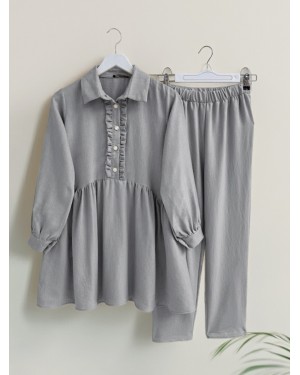 Half Buttoned Linen Suit with Ruffle Front -Grey