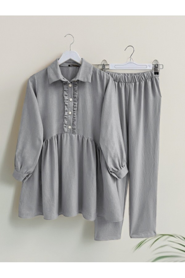 Half Buttoned Linen Suit with Ruffle Front -Grey