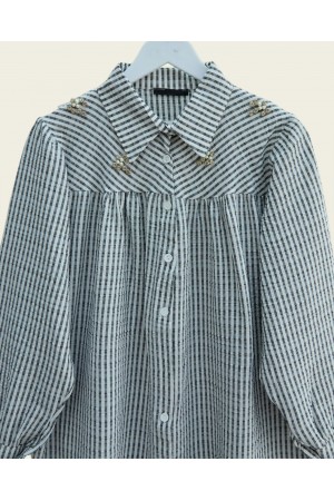 Striped Shirt with Stone and Bead Detail on Top -Black
