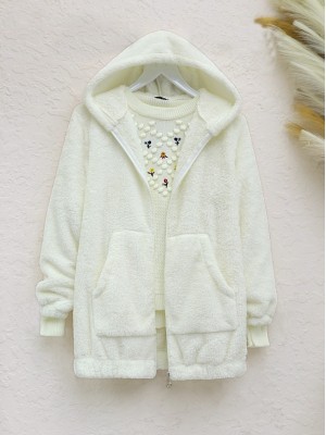 Kanguru Cepli Kapşonlu Peluş Mont -Ekru