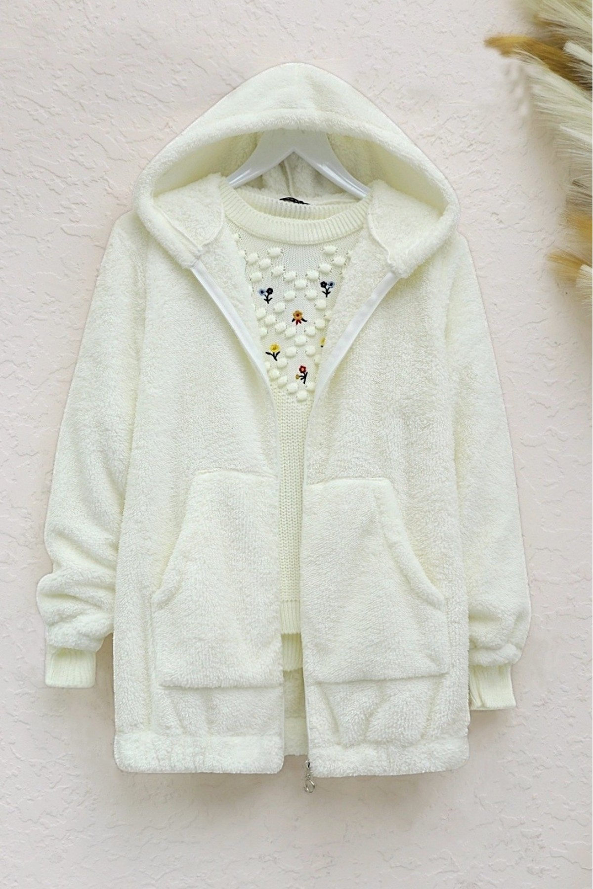 Kangaroo Pocket Hooded Plush Coat -Ecru