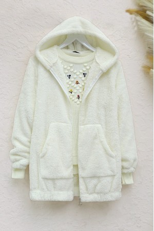 Kangaroo Pocket Hooded Plush Coat -Ecru