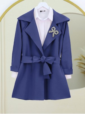 Scuba Kimono with Stone Crest and Belt -Navy blue