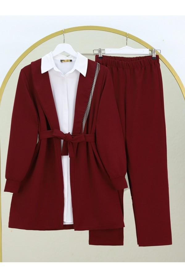 Yakası Metal Püsküllü Kemerli Ceket Pantolon Takım -Bordo