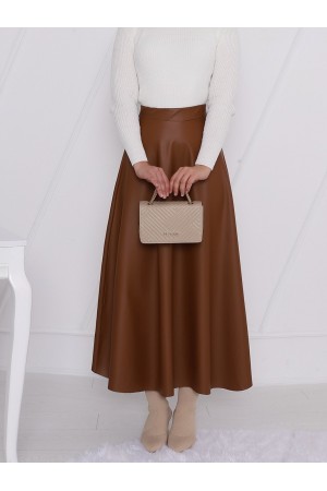 تنورة جلدية مستقيمة مع خصر مطاطي -بني كاشف