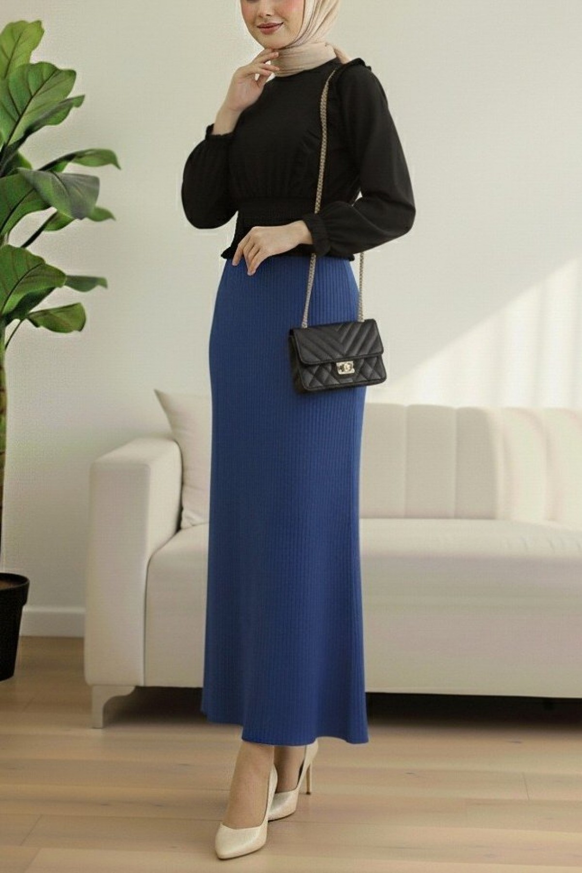 Pleated Pencil Skirt with Elastic Waist -İndigo