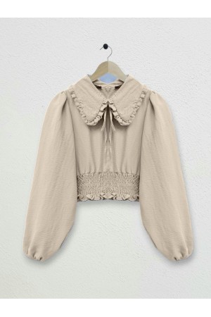 Baby Collar Long Sleeve Blouse with Elastic Waist   - Beige
