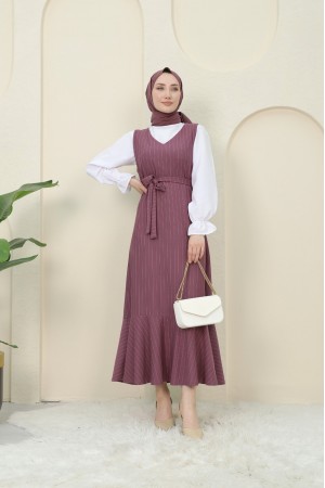 Çizgili Beli Kuşaklı Gömlek Jile Takım -Mürdüm