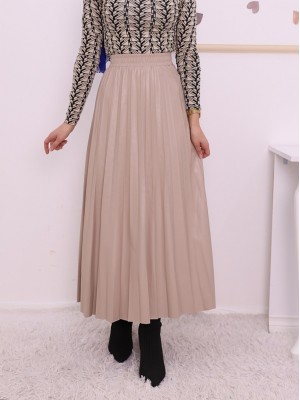 Beli Lastikli Pliseli Deri Etek -Bej