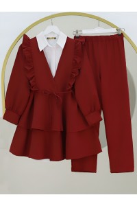 Önü Fırfırlı Bağcıklı Eteği Katlı Pantolonlu Kimono Takım -Bordo