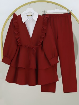 Kimono Set with Frilled Front Laced Skirt and Layered Trousers -Maroon