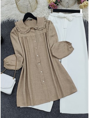 Bebe Yaka Boydan Düğmeli Tunik   -Vizon