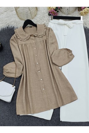 طفل طوق زر أسفل سترة   -تدرجات البيج