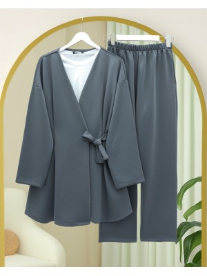 Beli Çift Bağlamalı Scuba Kimono Takım  -Füme