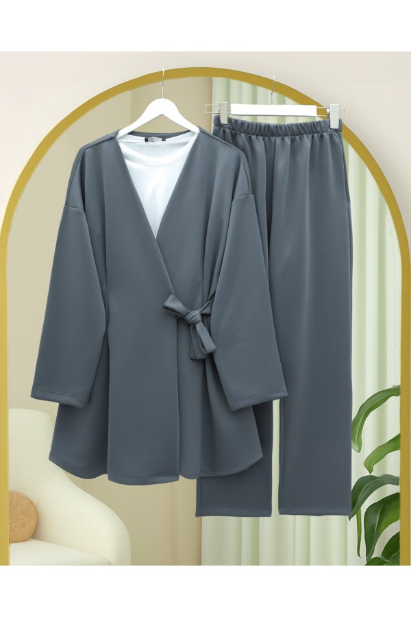Beli Çift Bağlamalı Scuba Kimono Takım  -Füme