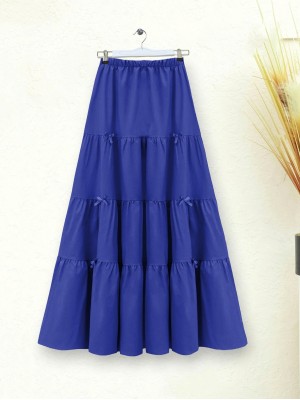 Kurdele Detaylı Parçalı Beli Lastikli Etek -Saks