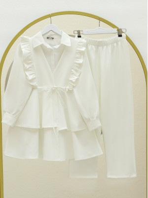 Önü Fırfırlı Bağcıklı Eteği Katlı Pantolonlu Kimono Takım   -Beyaz