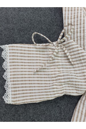 Laced Sleeve Striped Shirt -Mink color