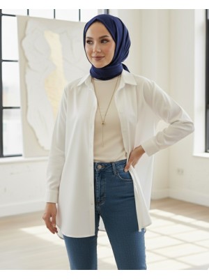 Düğmeli Oversize Düz Gömlek -Beyaz