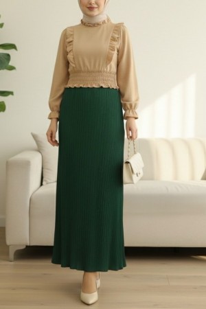 Beli Lastikli Pliseli Kalem Etek -Zümrüt