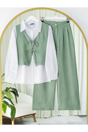 Önü Bağcıklı Pantolon Yelek İkili Keten Takım -Mint